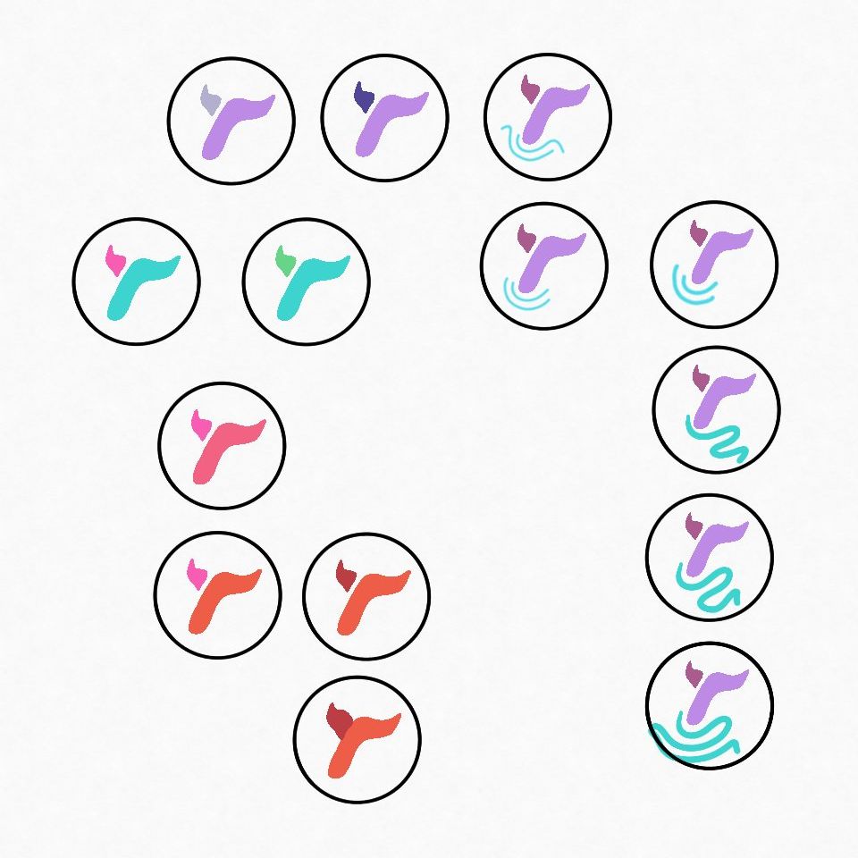 A mix of colorful whale tail symbols. Some have squiggly lines or waves next to them. Some are purple, some red-orange, and others blue. They all have transparent backgrounds with black outline circles around them.
