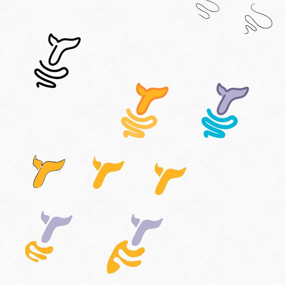 Whale tail sketches in many styles and colors. Some line sketches and others colorful lavender and bright yellow with whimsical wave shapes.