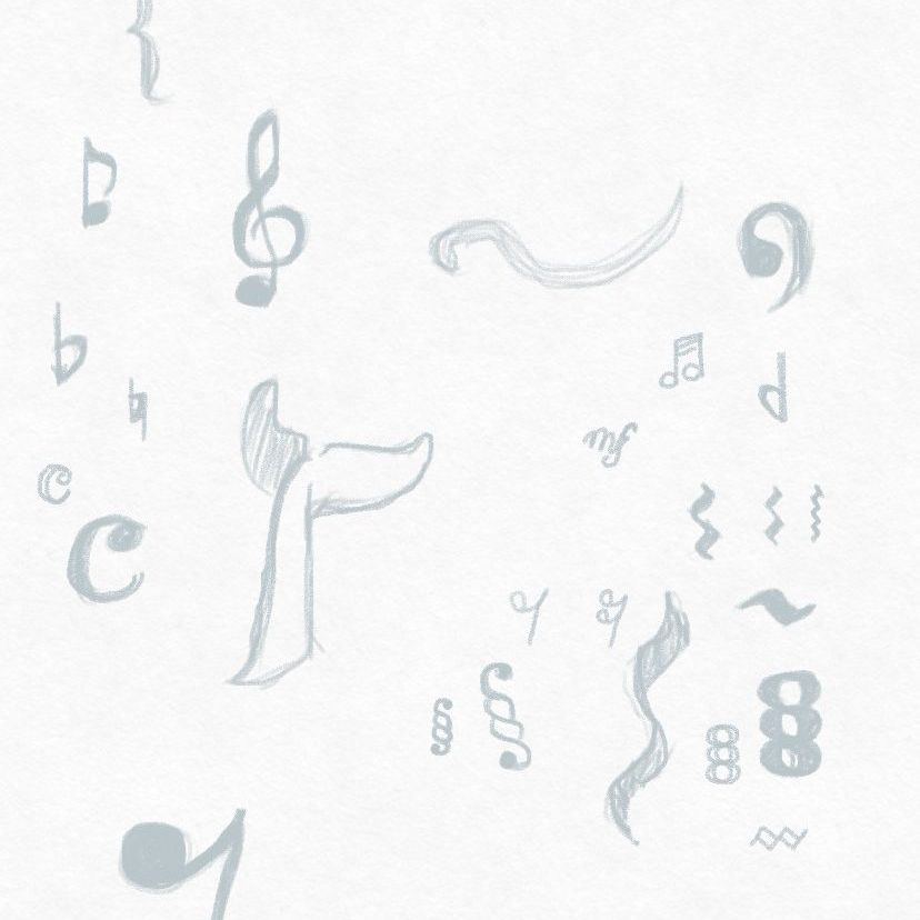 Practicing drawing musical symbols and shapes with a pencil style to understand the shapes and patterns between them.