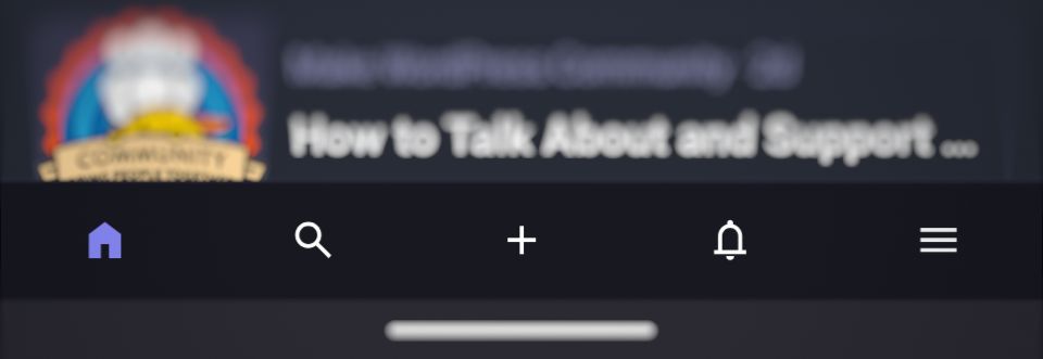 New UI for Mastodon web Navigation on a small mobile device. The navigation is now a bottom bar that matches expected UI for mobile. Featuring icons from left to right: Home, Search, Plus, Bell, 3 Line Menu.